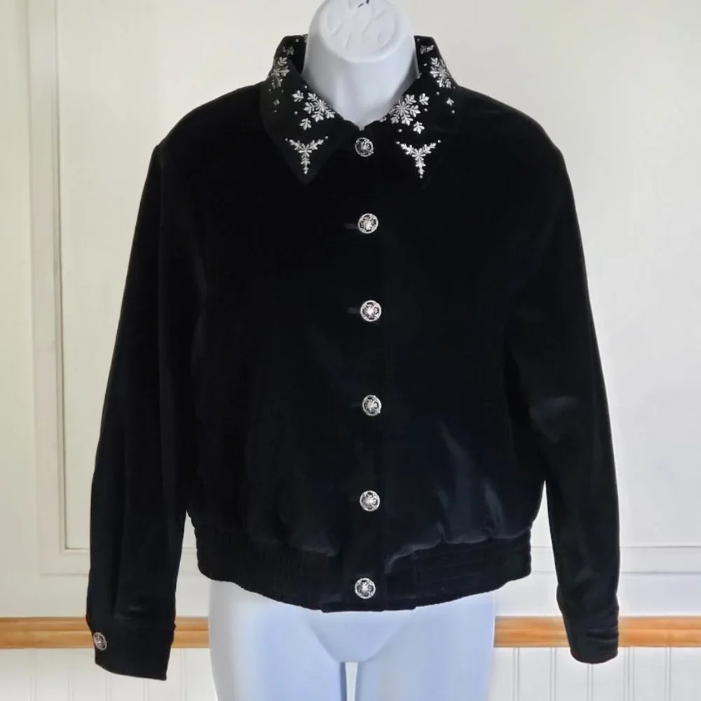 SOLD ST.JOHN SPORT Womens Bomber Jacket XS Black Velvet Embroidered Snowflake - Picture 12 of 12